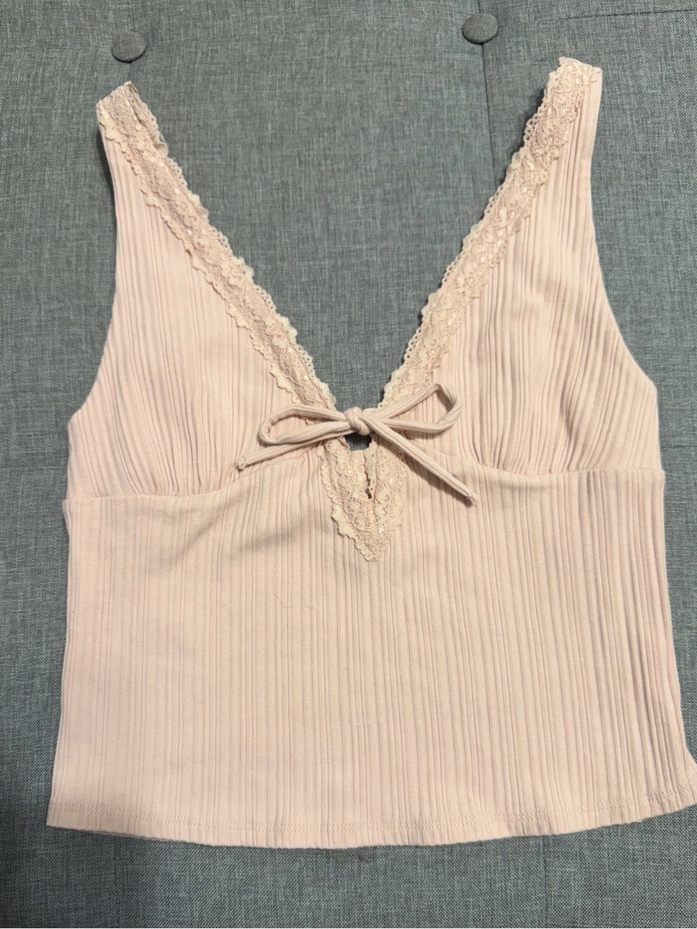 Lace Trim Ribbed Tank Top in Light Blush